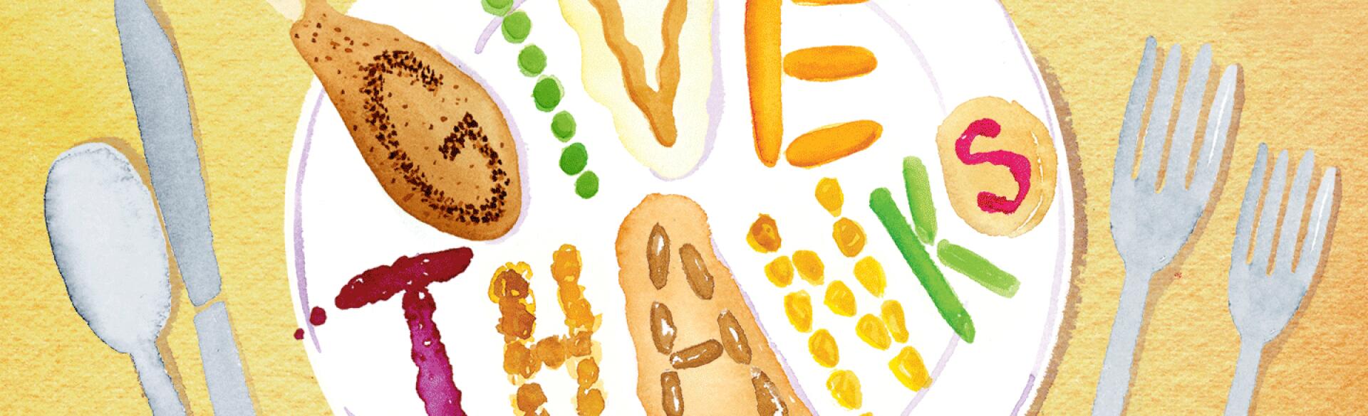 Illustration of a Thanksgiving meal with the words give thanks spelled out in food.