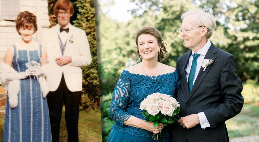 prom photo and wedding photo of the same couple