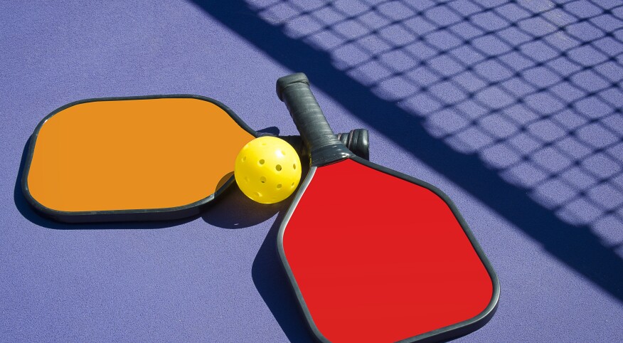 Pickleball - Two Paddles and A Ball in Net Shadow