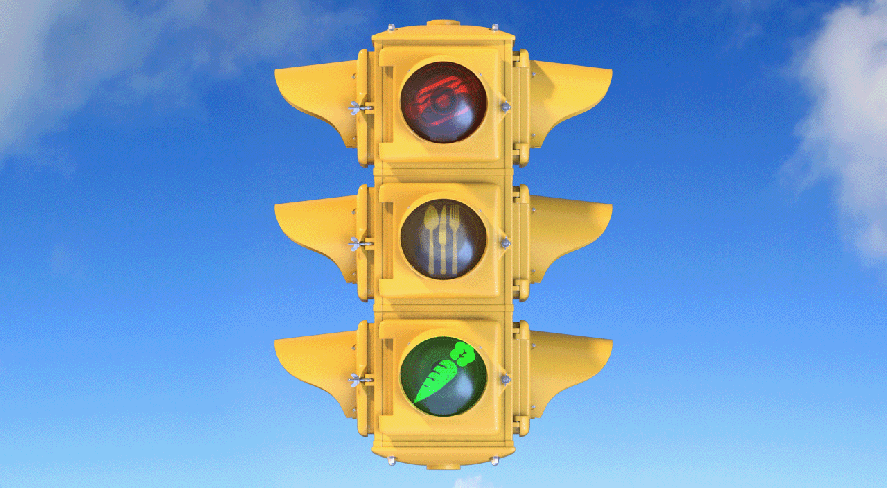 gif of traffic light with carrot on green light, utensils on yellow light and hot dog on red light