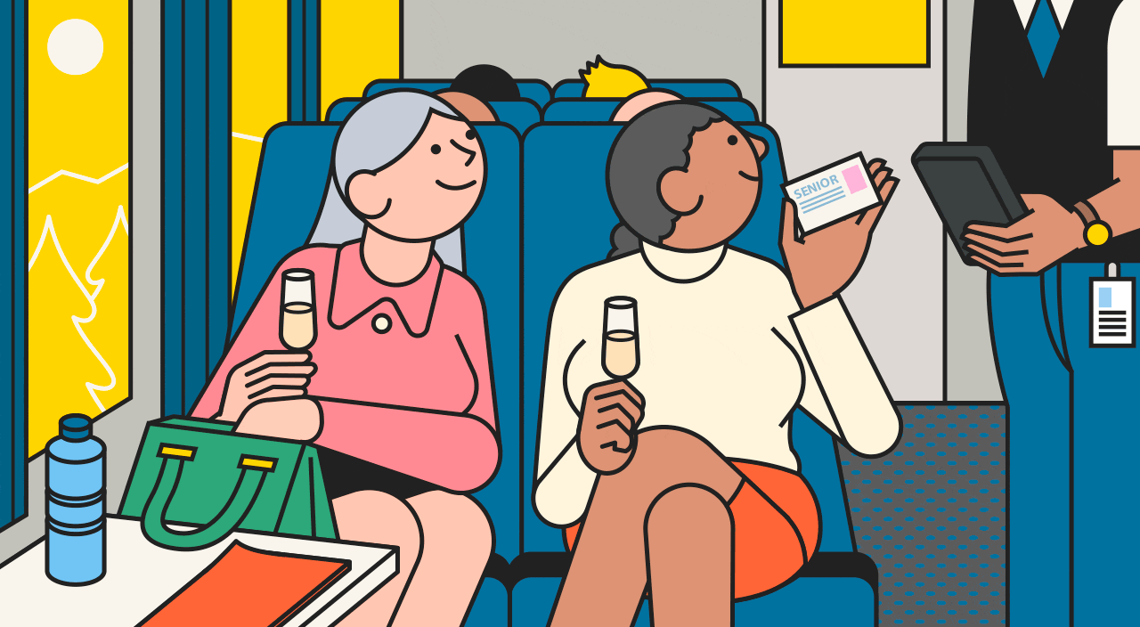 gif of ladies drinking champagne on the train, senior discounts, illustration