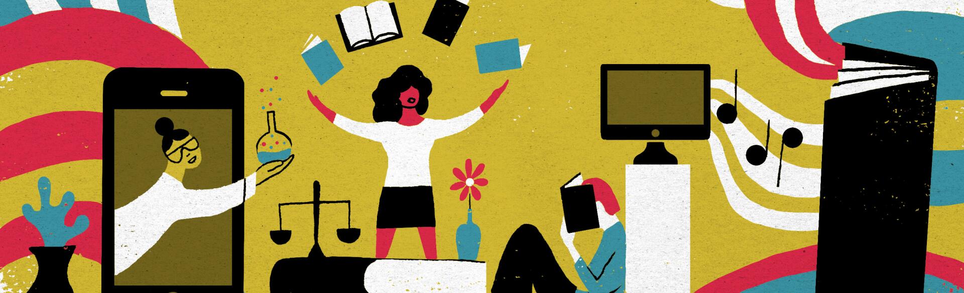 illustration of ladies engaging in online learning activities