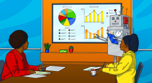 illustration of robot teaching business techniques to 2 ladies