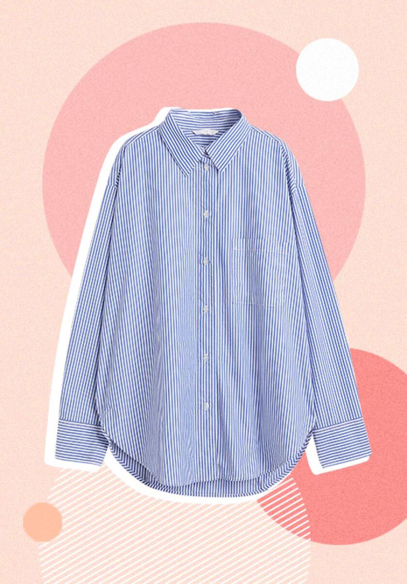 photo of big white and blue striped button-up shirt, fashion, clothes, spring