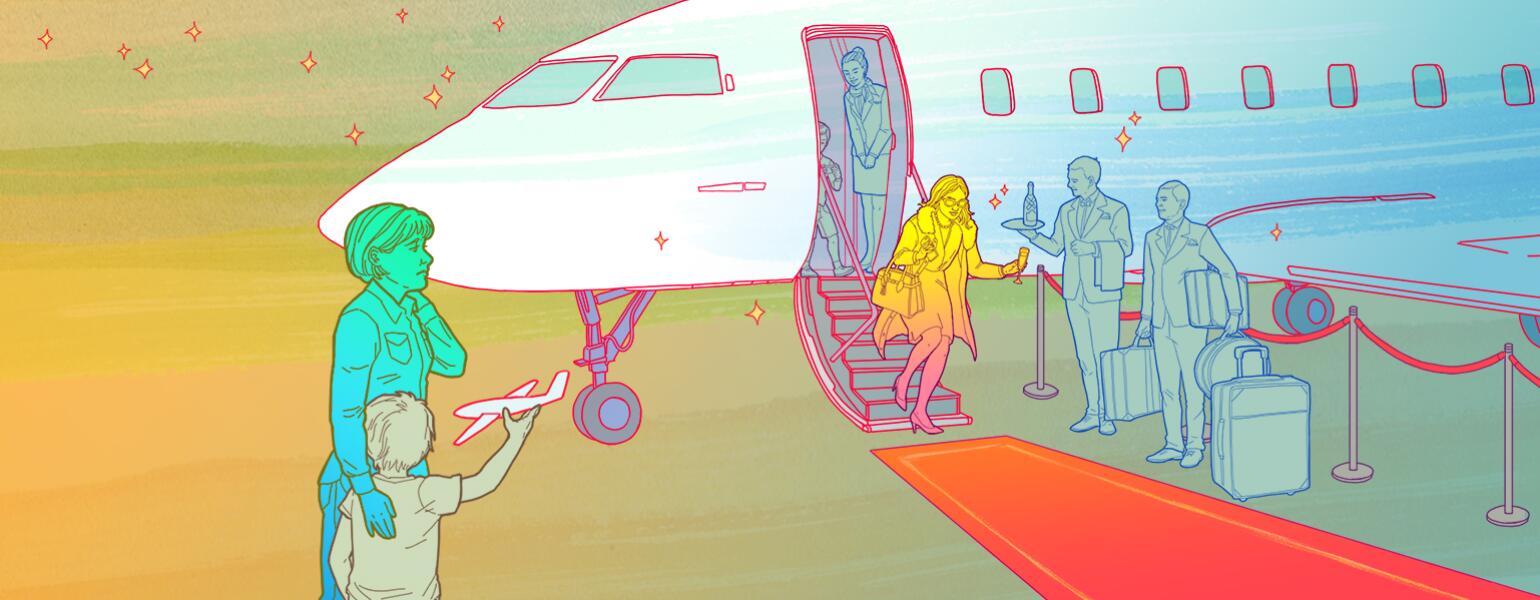 illustration of woman with her son watching her friend get off a private plane