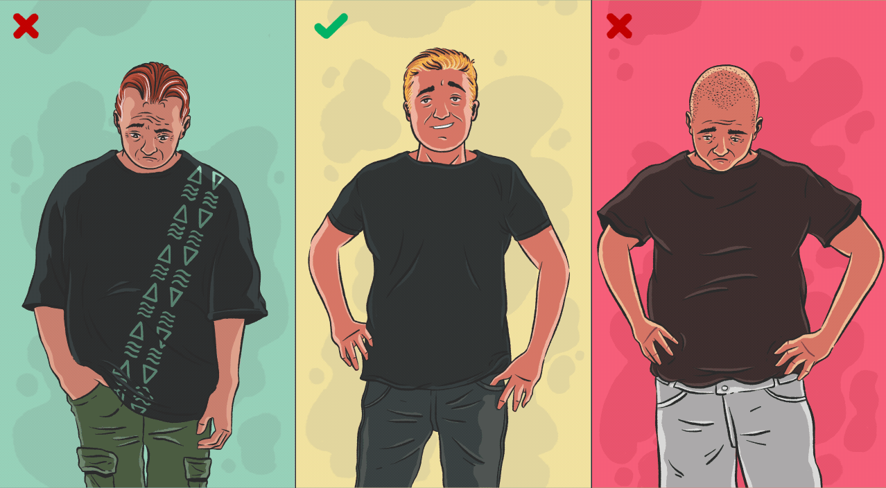 Drawings of three men, two are wearing a shirt wrong, while the one is wearing it correctly to not show his belly.