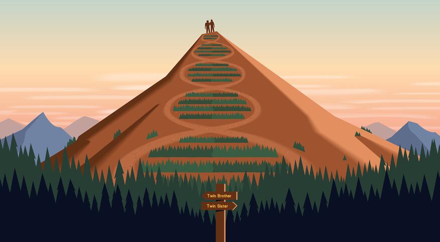 twins, mountain top, dna symbol on mountain, forest below