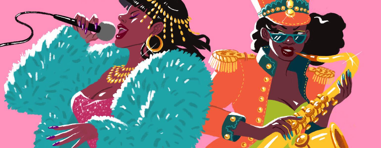 Illustration of black women singing and playing instruments