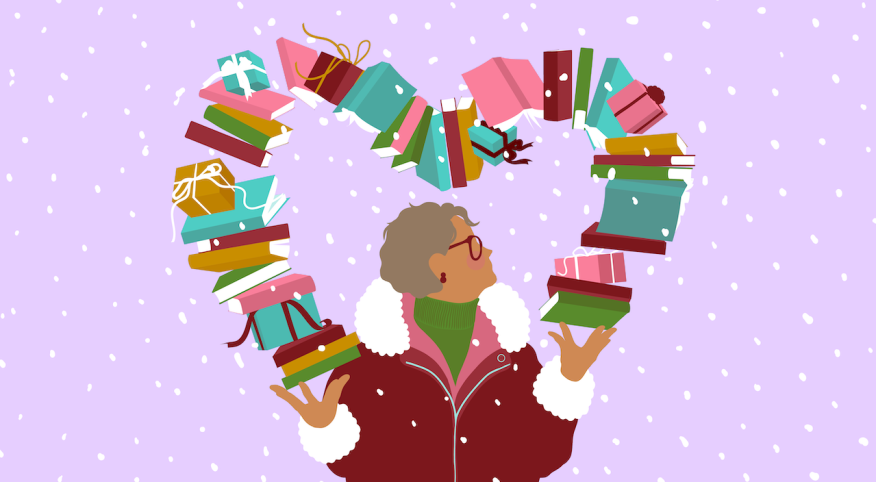 illustration of woman holding files of books forming a heart, gift books, books for besties