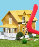 Yellow house being hit with red boomerang
