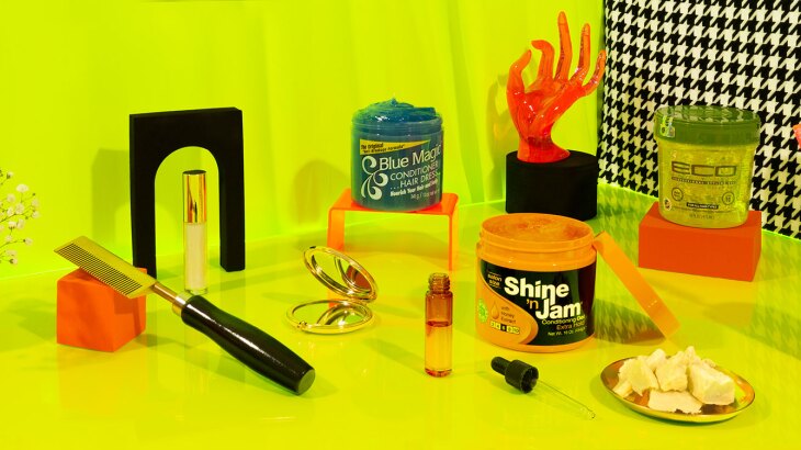 Beauty products on lime green background