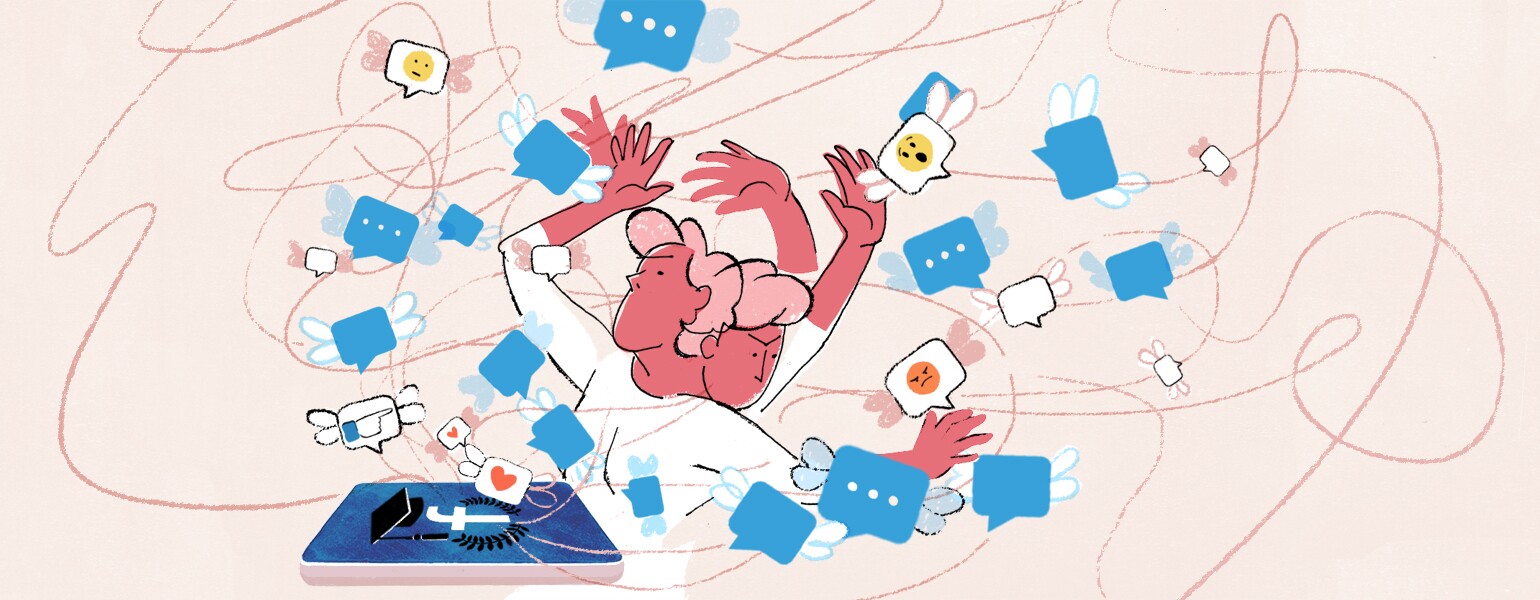 illustration of woman dealing with university parents forums on facebook
