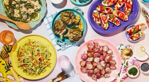 Colorful healthy spring recipes including radishes, artichokes, pasta organized on a beautiful background