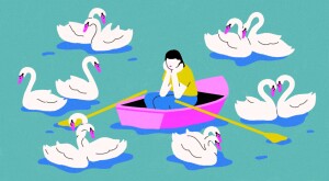 illustration of woman on boat surrounded by swans on pond