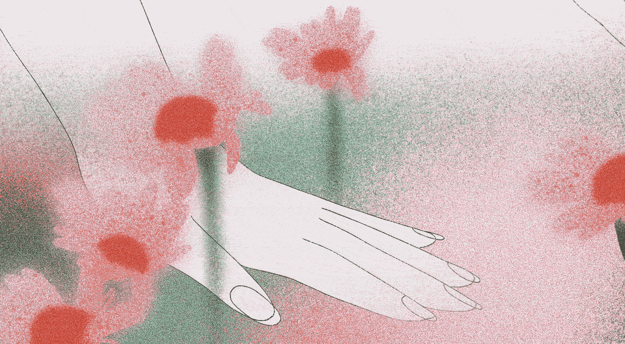 illustration gif of hand comforting another hand in a field of flowers
