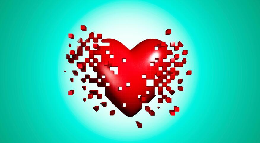 Pixelated red heart on a teal background