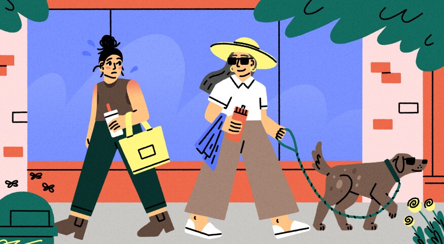 illustration of older woman in cool clothing walking by younger woman who is hot
