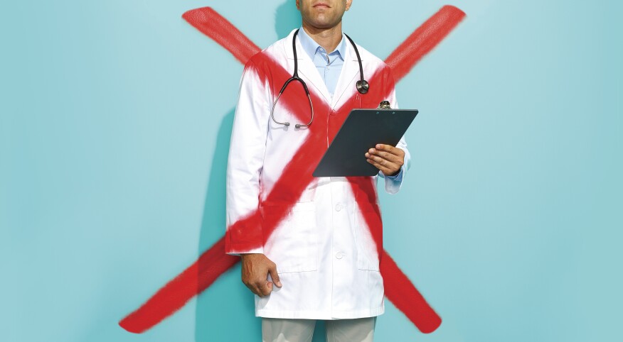An image of a doctor with a red X drawn over him.