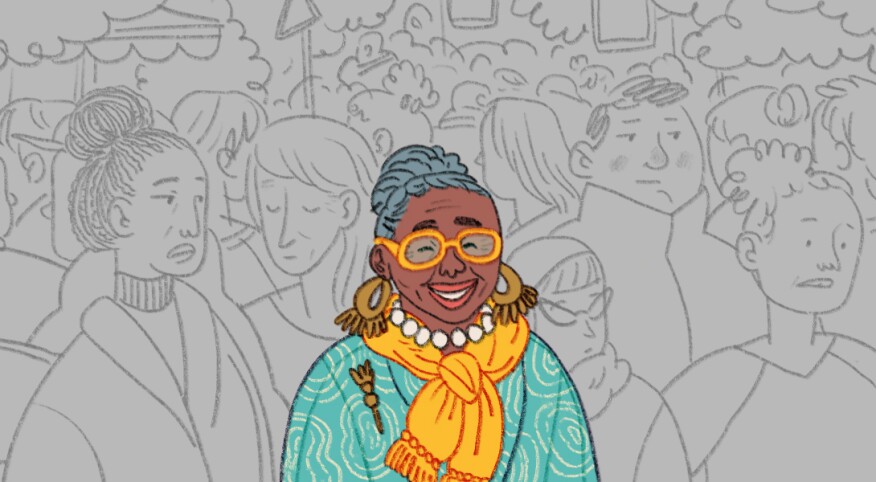 A graphic of a smiling woman in a crowd who does not notice her.