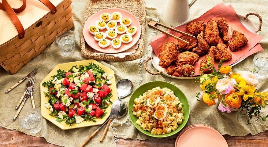 Spring picnic recipes on light surface