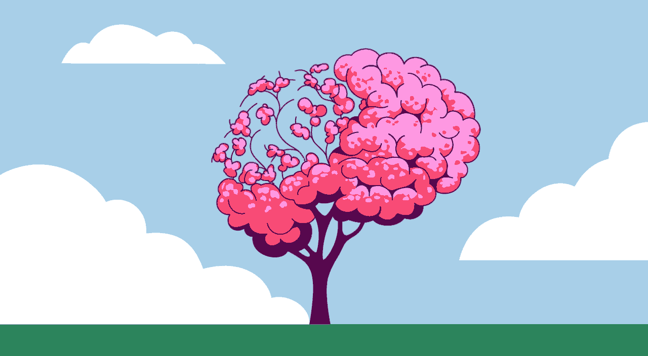 animation of wind blowing through tree in the shape of a brain and leaves blowing away, cognitive aging, memory, brain
