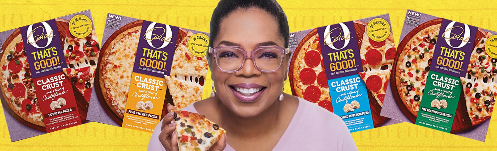 Photo collage of Oprah and her frozen pizza line