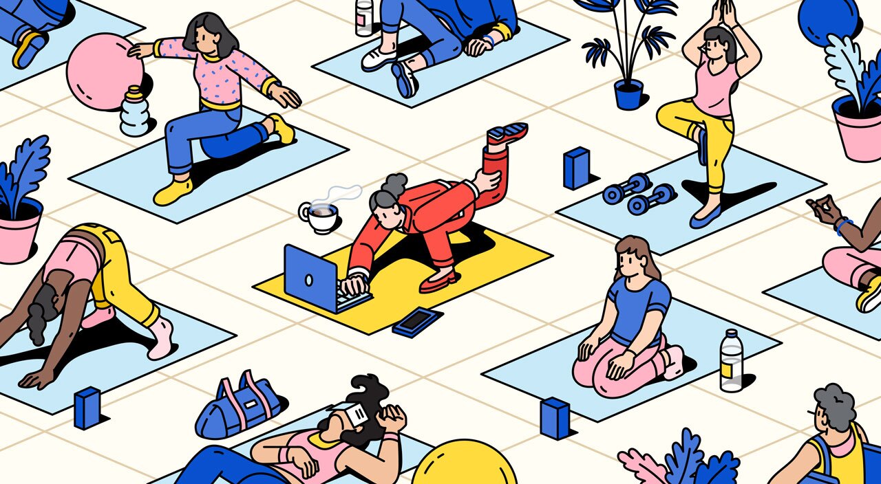 illustration of a woman working on her computer during yoga class, retirement, staying busy
