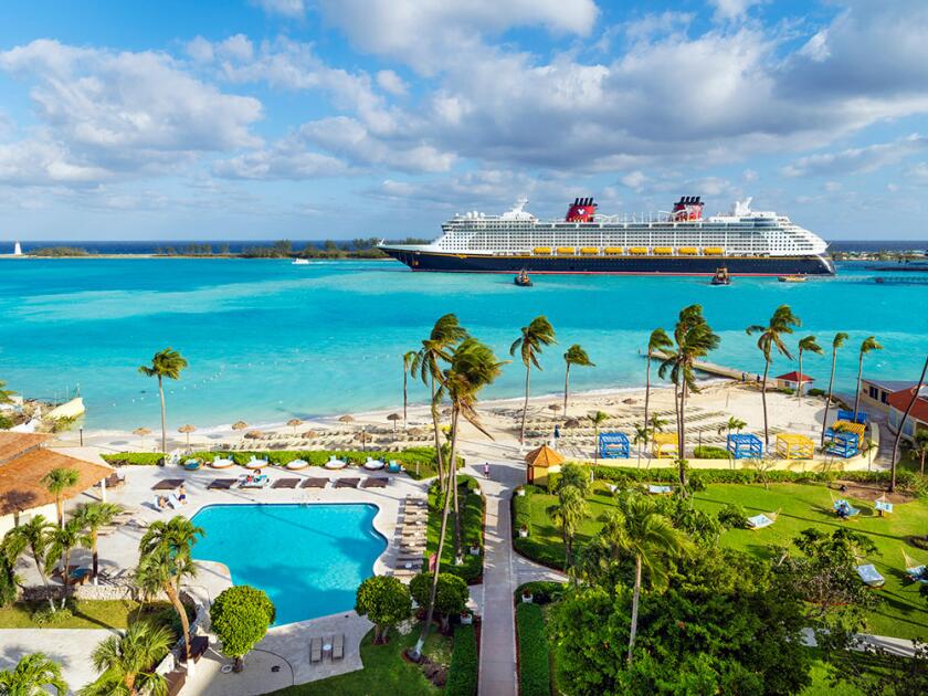 View across the British Colonial Hilton Hotel with Cruise Ship, Nassau, New Providence, Bahamas, Caribbean