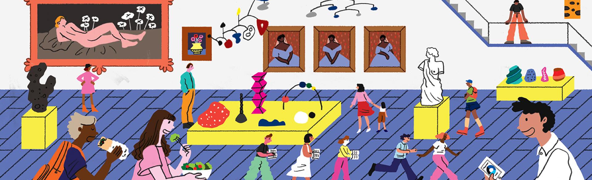 illustration of parents doing free things with their kids such as getting lunch and going to a museum