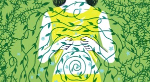 illustration of woman showing her stomach with green vine wrapping around 