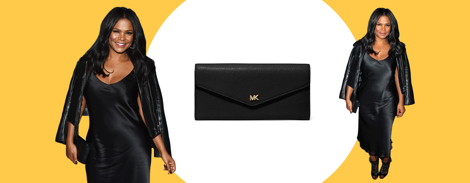 gif of nia long wearing all black outfit next to small black purse