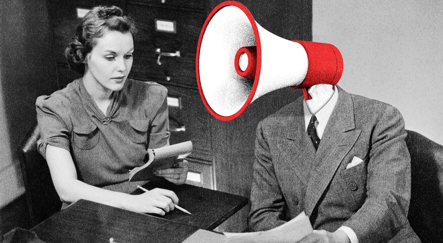 Vintage office scene of man and woman, one of them has a large blow horn super imposed as a head