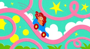 Woman in car, riding pink lines, new experience, illustration