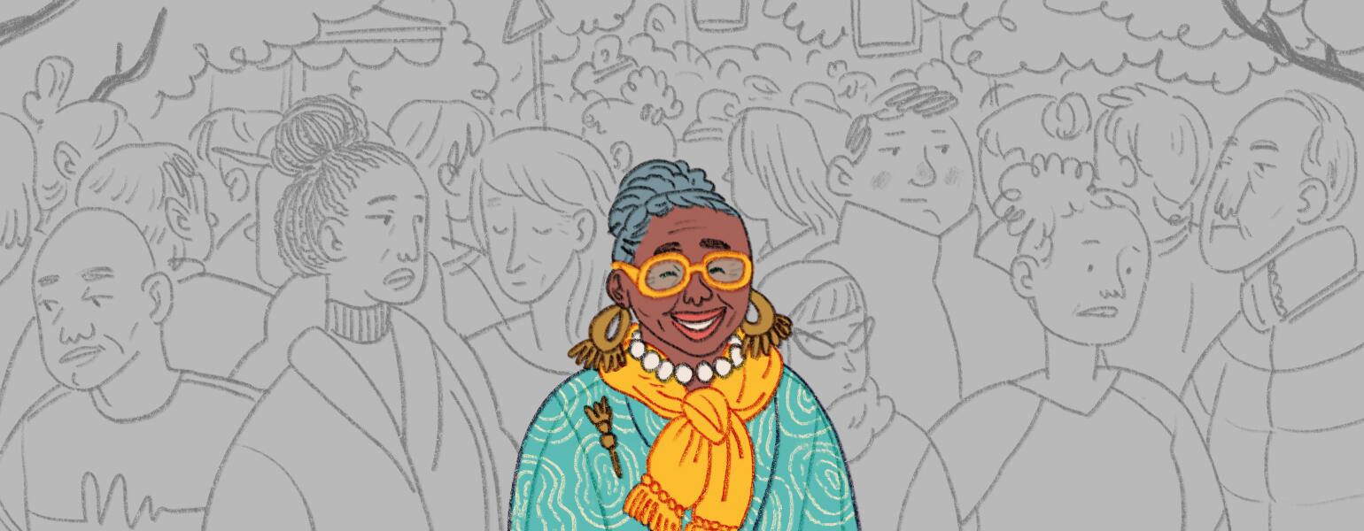 A graphic of a smiling woman in a crowd who does not notice her.
