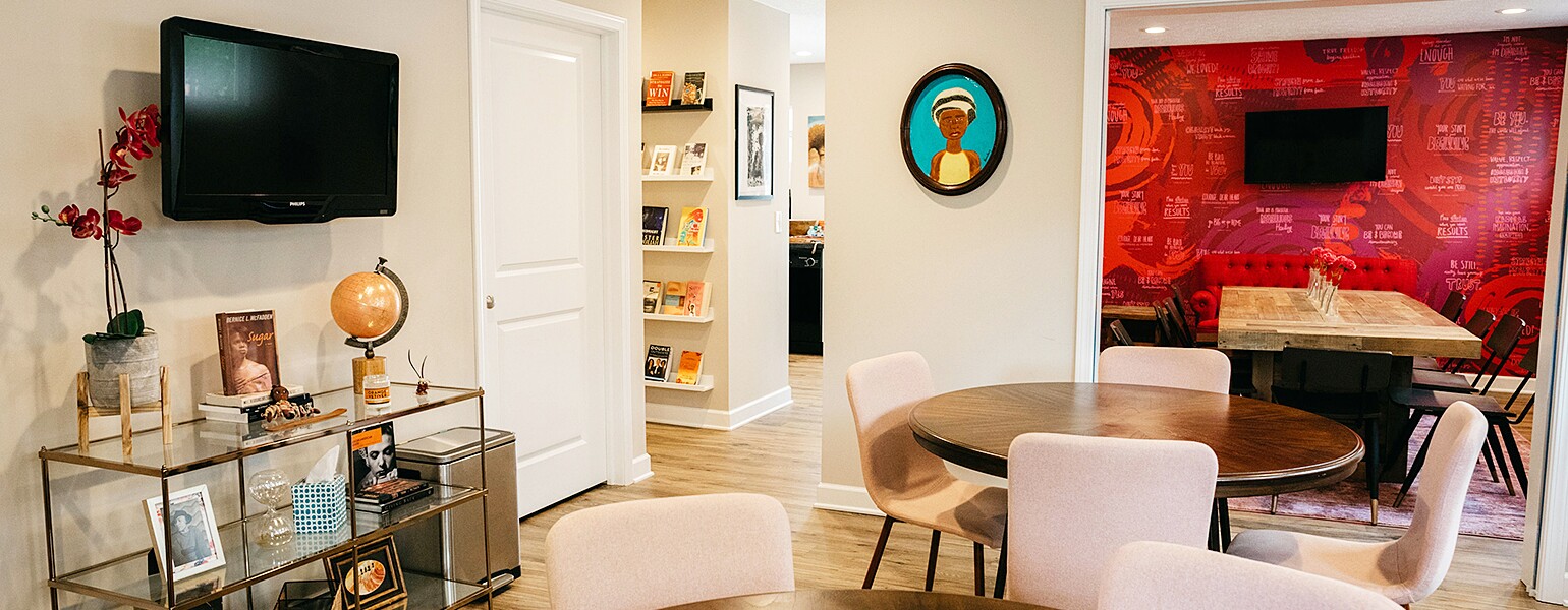 A photo of a coworking space set up to look like a living room.