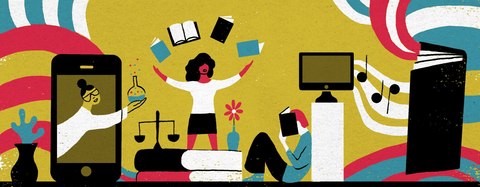 illustration of ladies engaging in learning activities