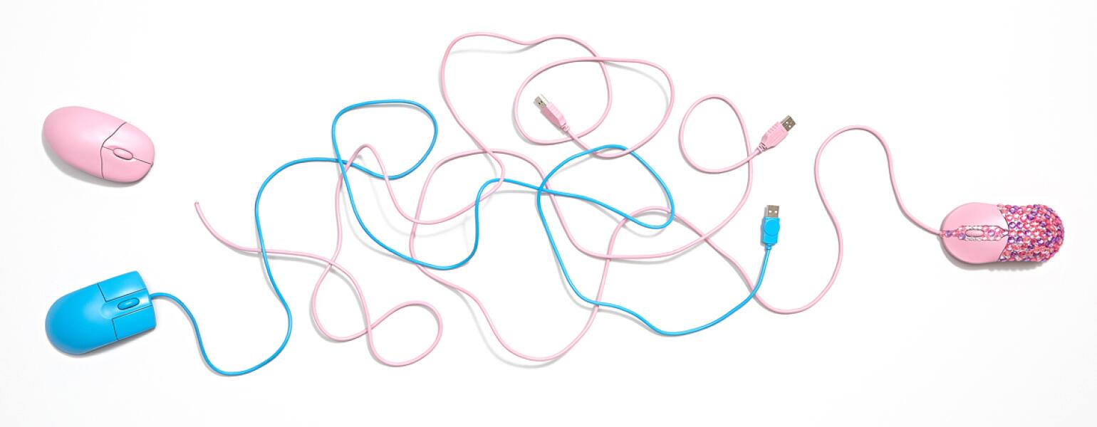 three computer mouse, two are pink one is blue showing why married men flirt online