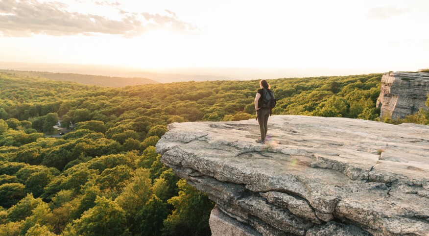 Wanderlust Adventure Hiking Woman Enjoys Sunset Catskills Mountain View NY