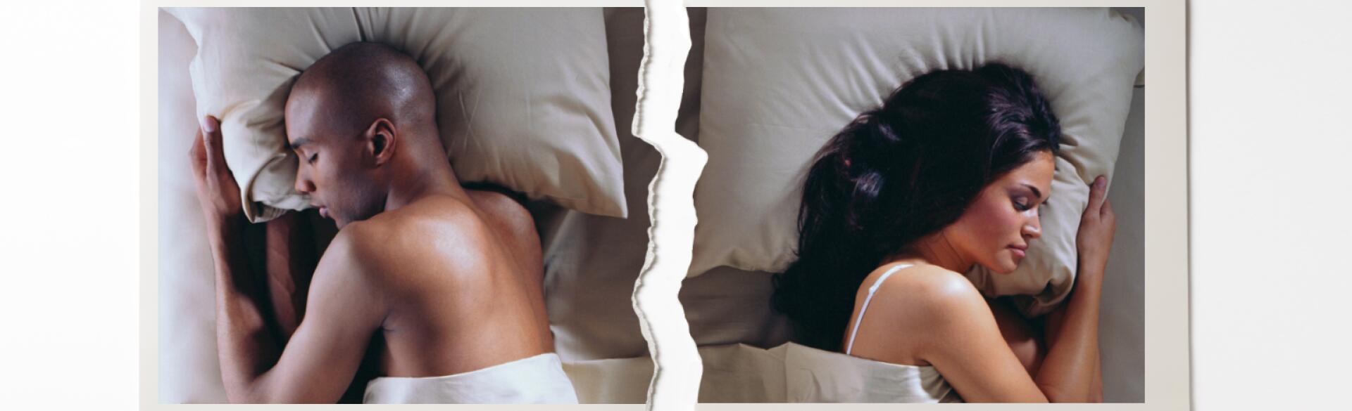A photo of a man and a woman sleeping in bed with their backs turned to one another. The photo has been torn in half, indicating their separate beds.