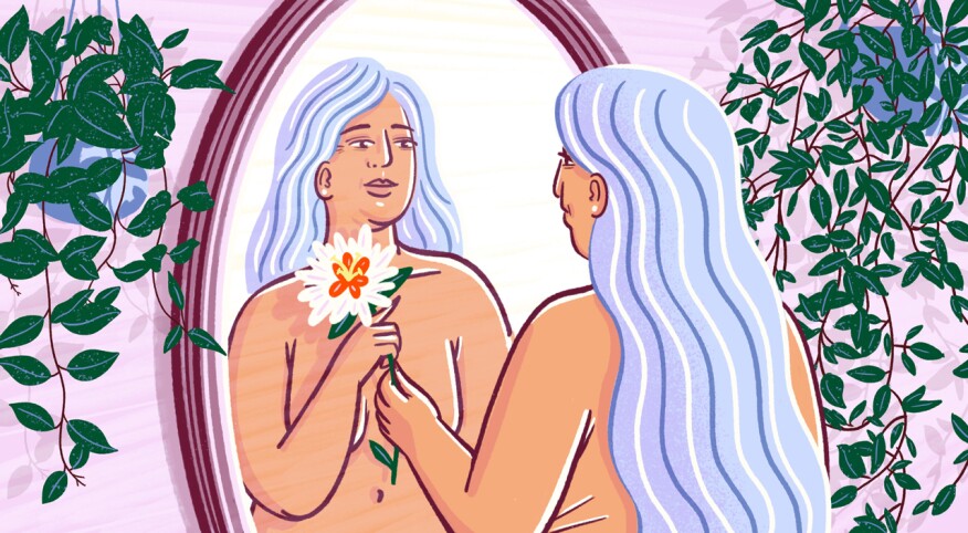 illustration of mature woman admiring herself in mirror