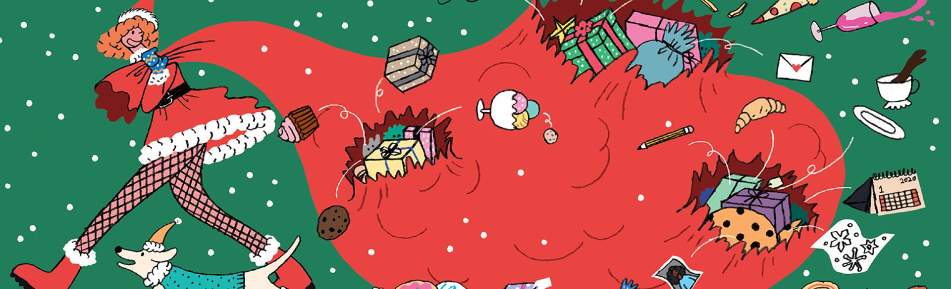 illustration of lady pulling a bag full of different holiday gifts