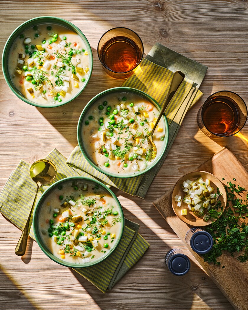 Kristen Bell's Pickle Slow Cooker Soup in three green bowls