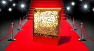 photo illustration of gold book on red carpet, book giveaway
