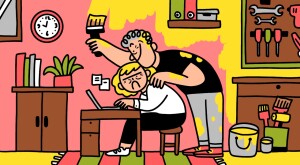 illustration of husband painting wall while wife is working, retirement