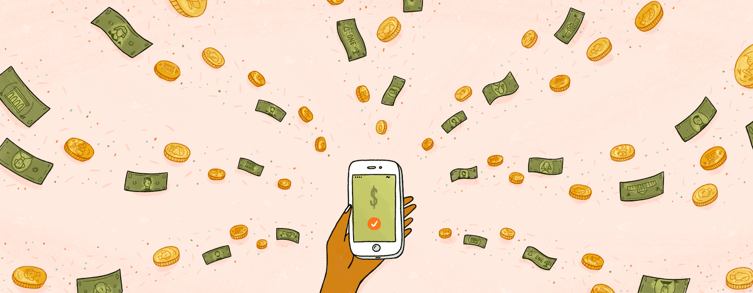 illustrated gif of phone with finance app and money floating around the sides