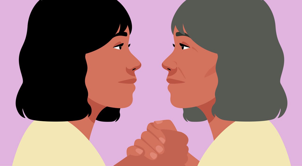 illustration of woman looking at an older version of herself