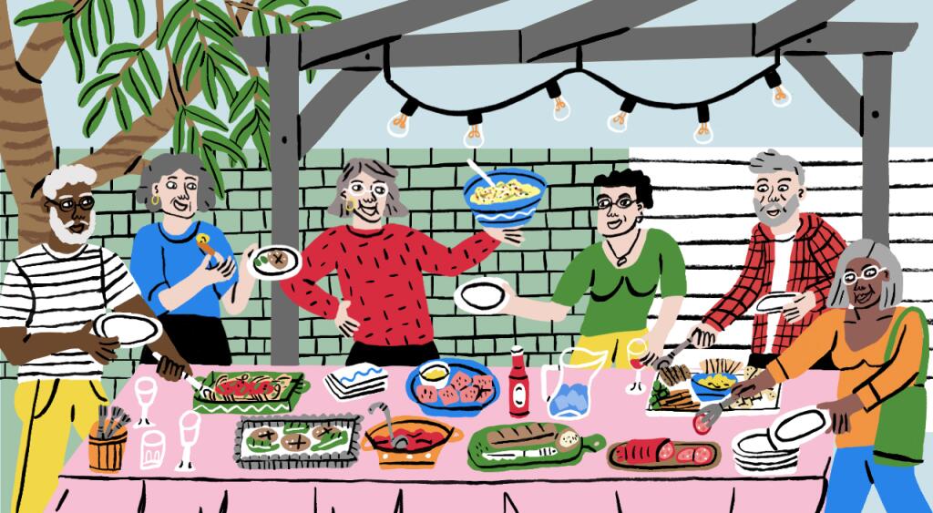 illustration of people gathered around table full of food, cooking, potluck