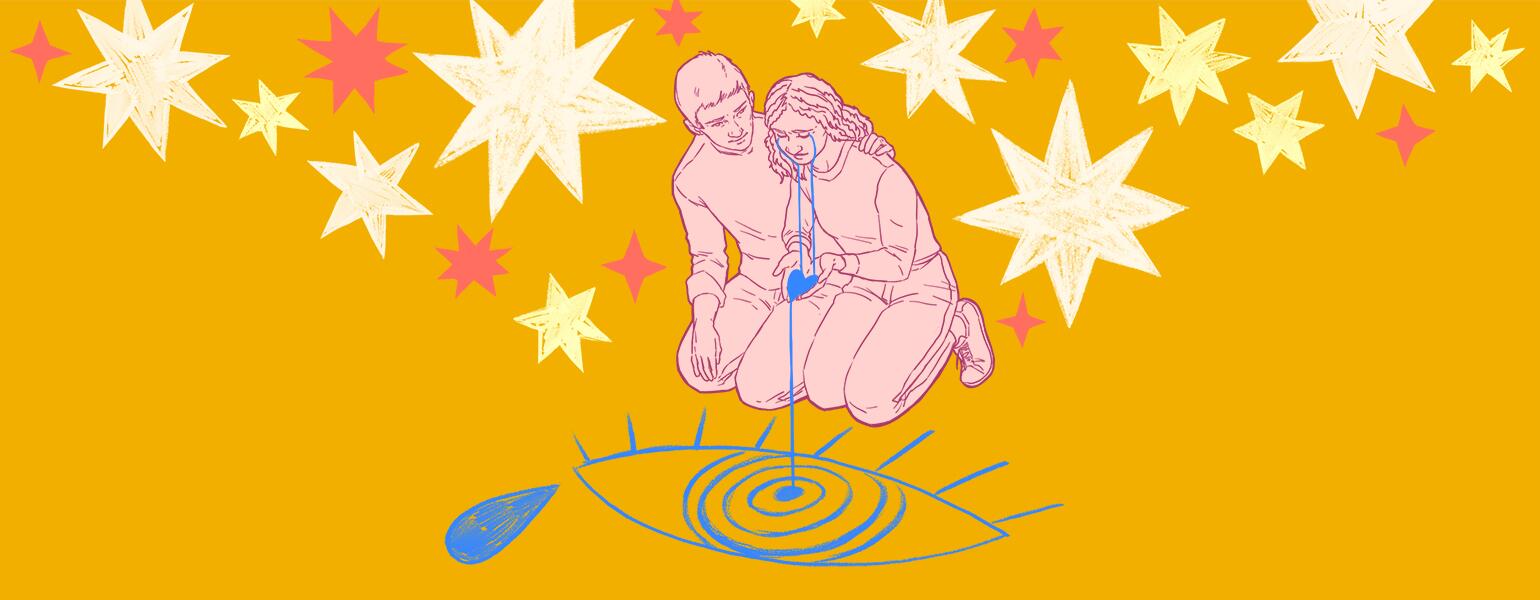 illustration of husband hugging crying wife by allegra lockstadt