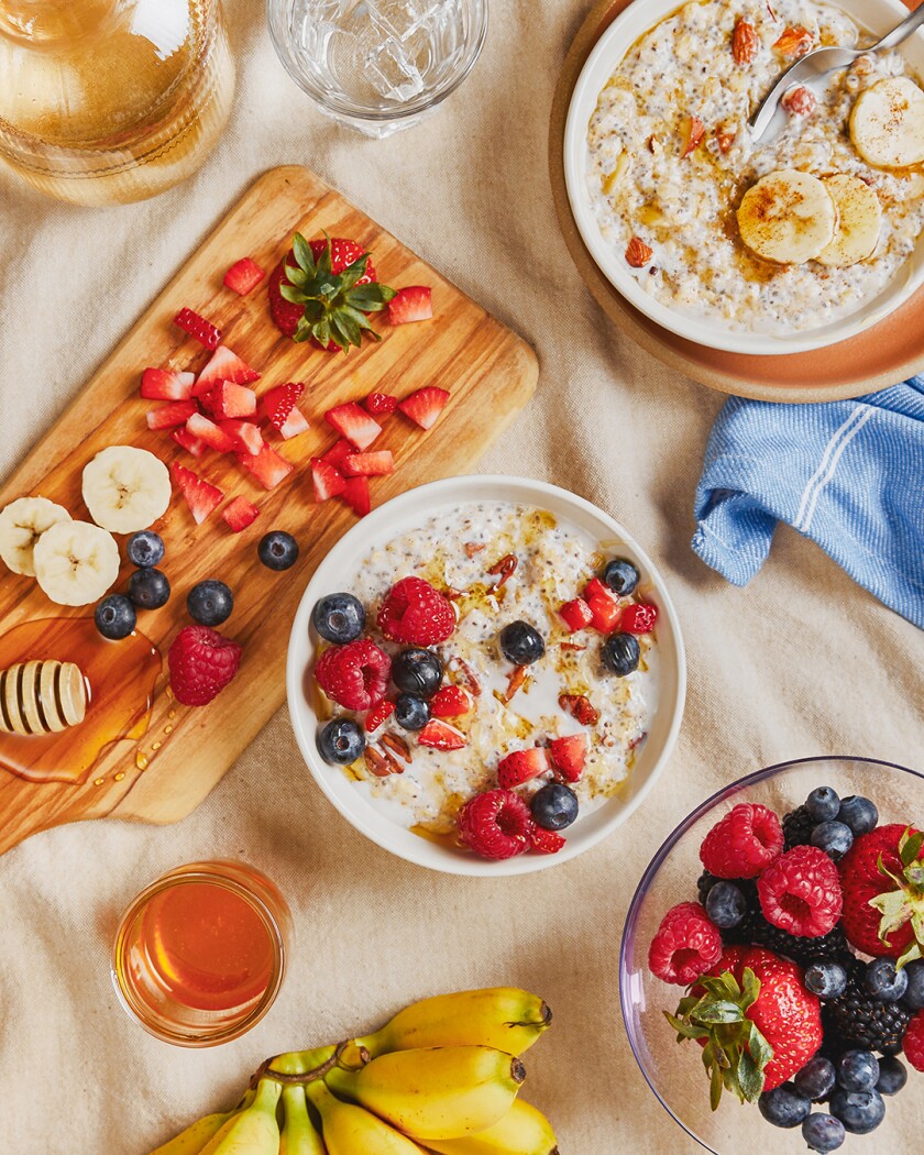 Breakfast meal styled on colorful surface