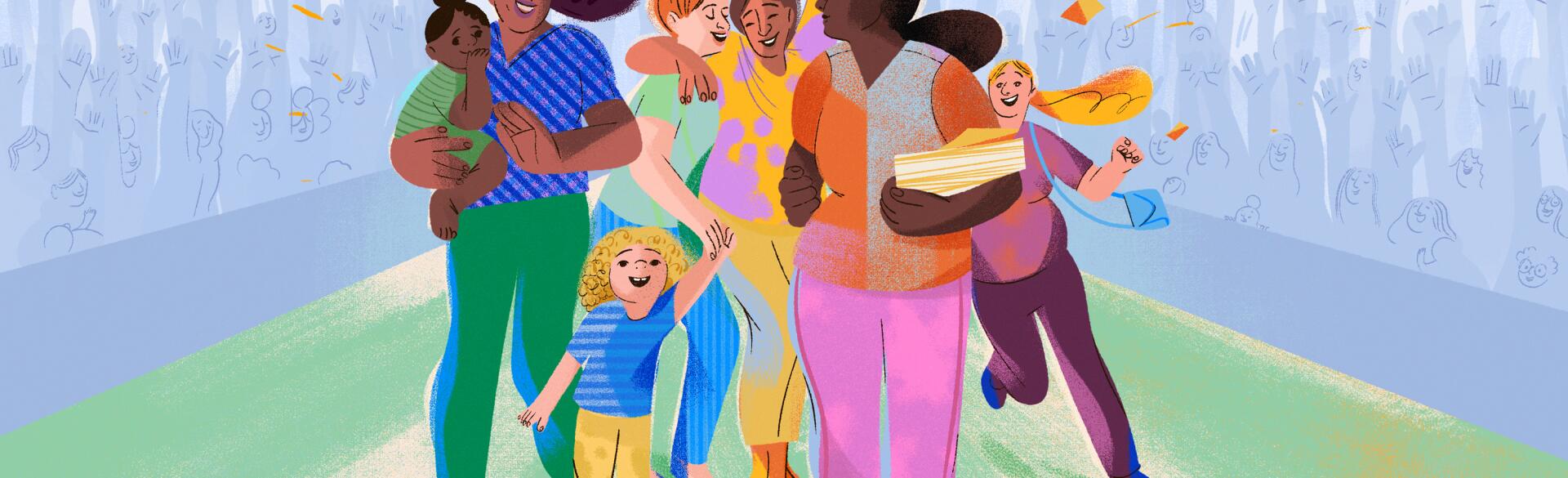 illustration of mother with her mom friends and children by eugenia mello